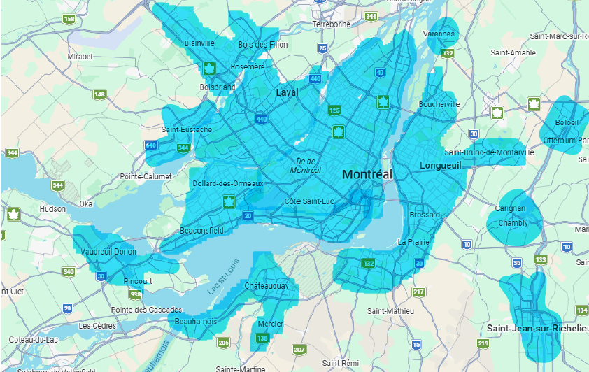 Zone desservie — Grand Montréal, Laval, Rive-Sud et environs